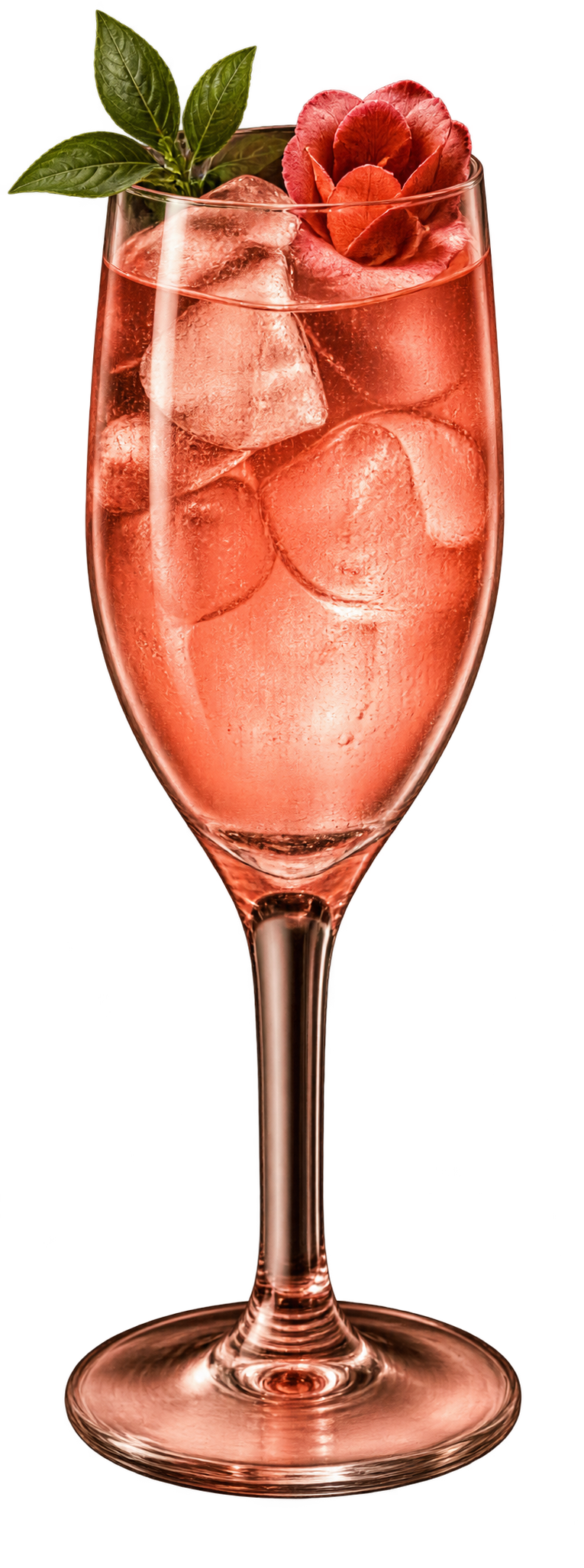Cóctel Rosé de Lichi, con su vaso y decoración original